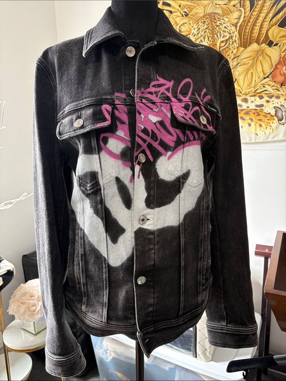 Dolce & Gabbana Black Denim Jacket with Pink and White Graphic, Unisex 48